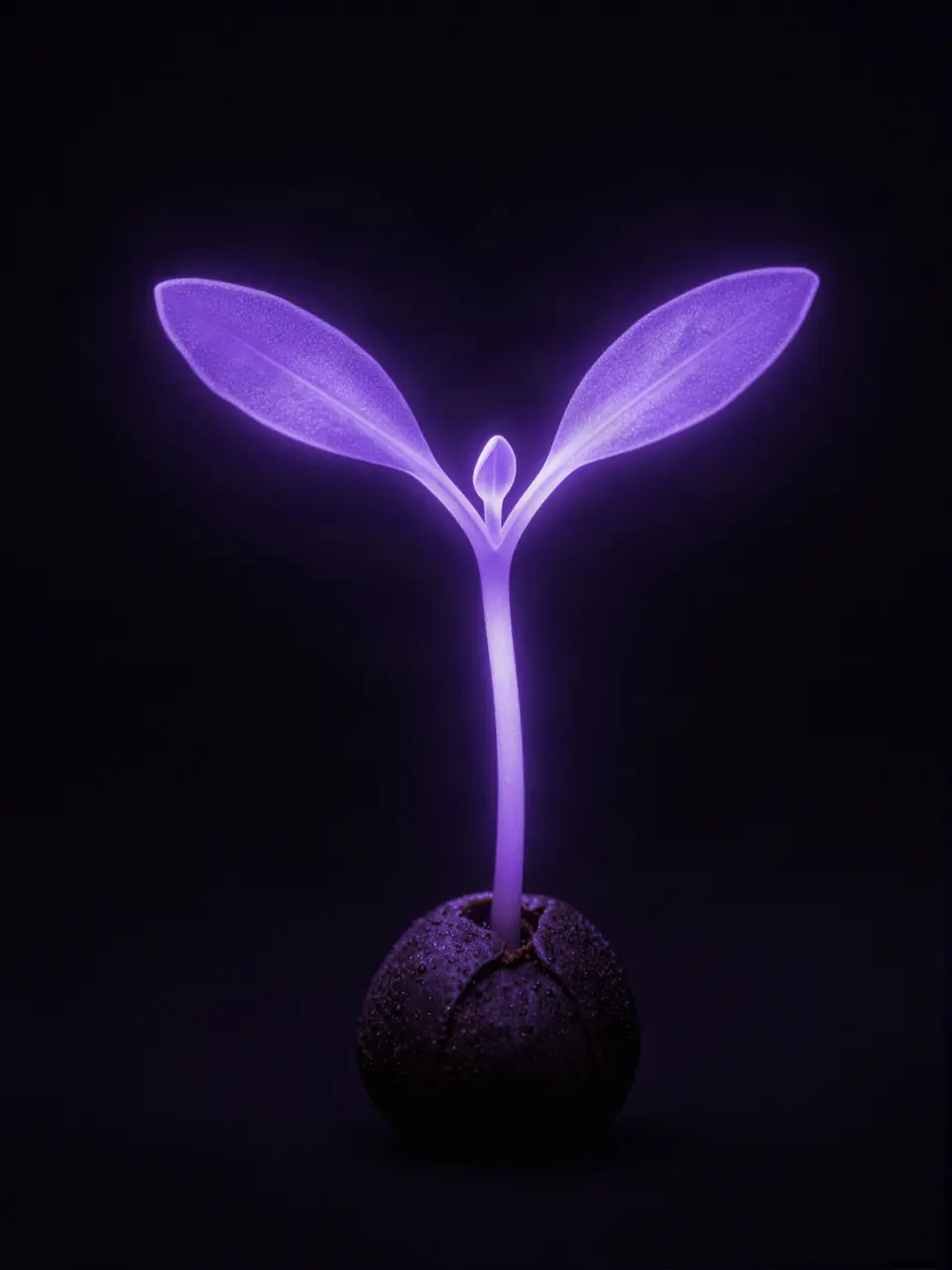 A small sprout glowing violet as it grows out of a seed